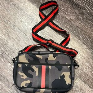 Camouflage Crossbody Bag with Red Accents